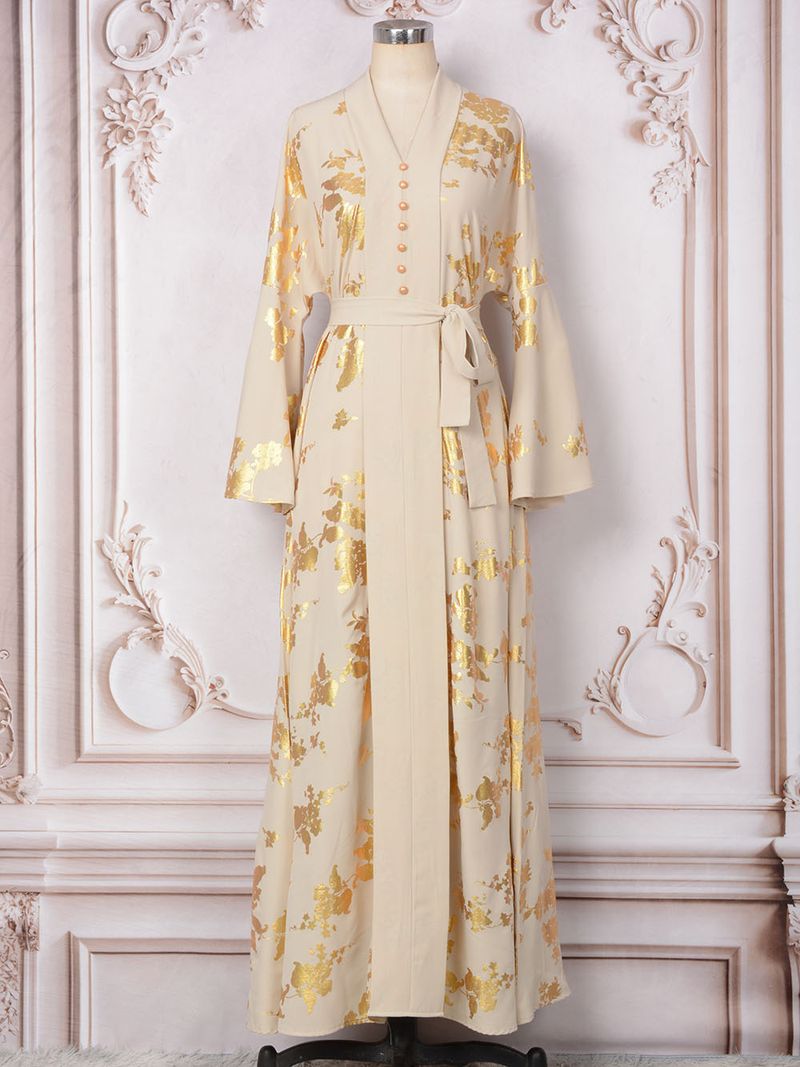 Damenbekleidung Naher Osten Muslimische Damenmode im neuen Stil mit Goldprägung Abendkleid Arabisches Kleid Kaftan Robe_voghion.com