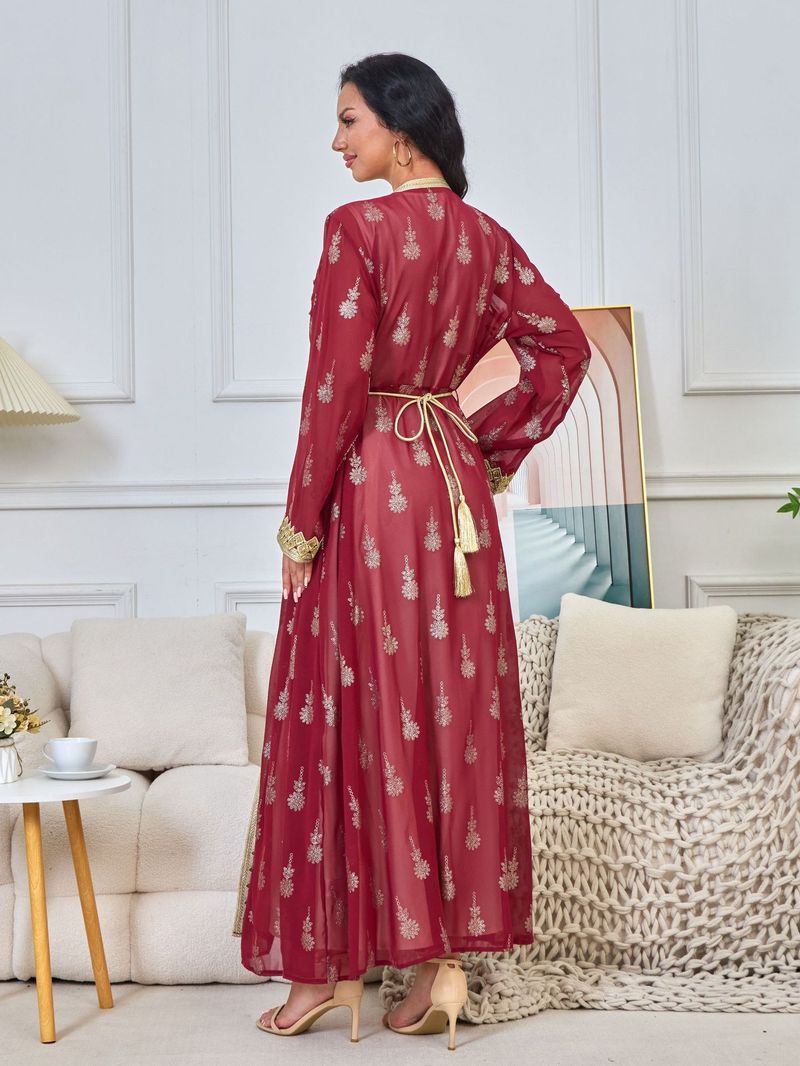 K Damenkleid, lange Robe, bestickte Strickjacke, Weste, zweiteiliges Kleid;_voghion.com