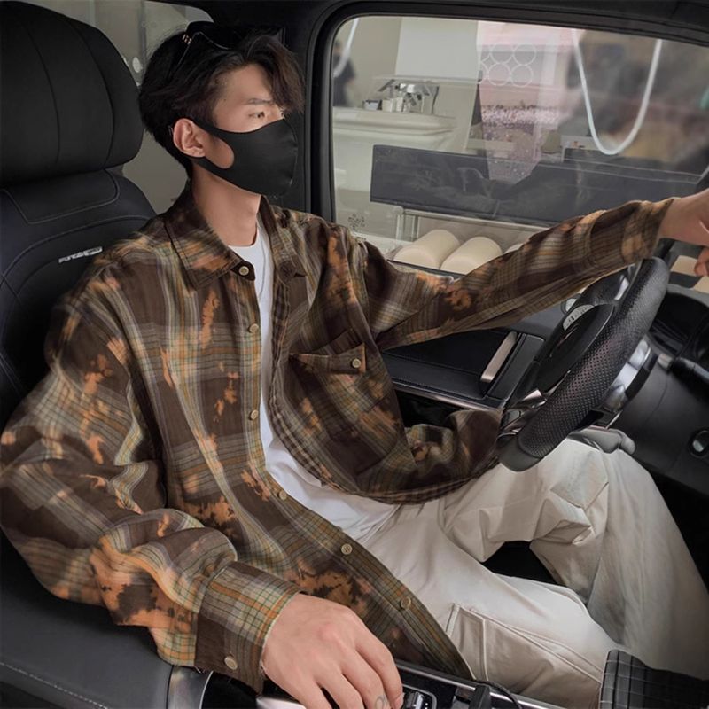 Tie dye checkered shirt jacket for men, autumn new style, retro high-end, cool and stylish checkered couple's shirt_voghion.com