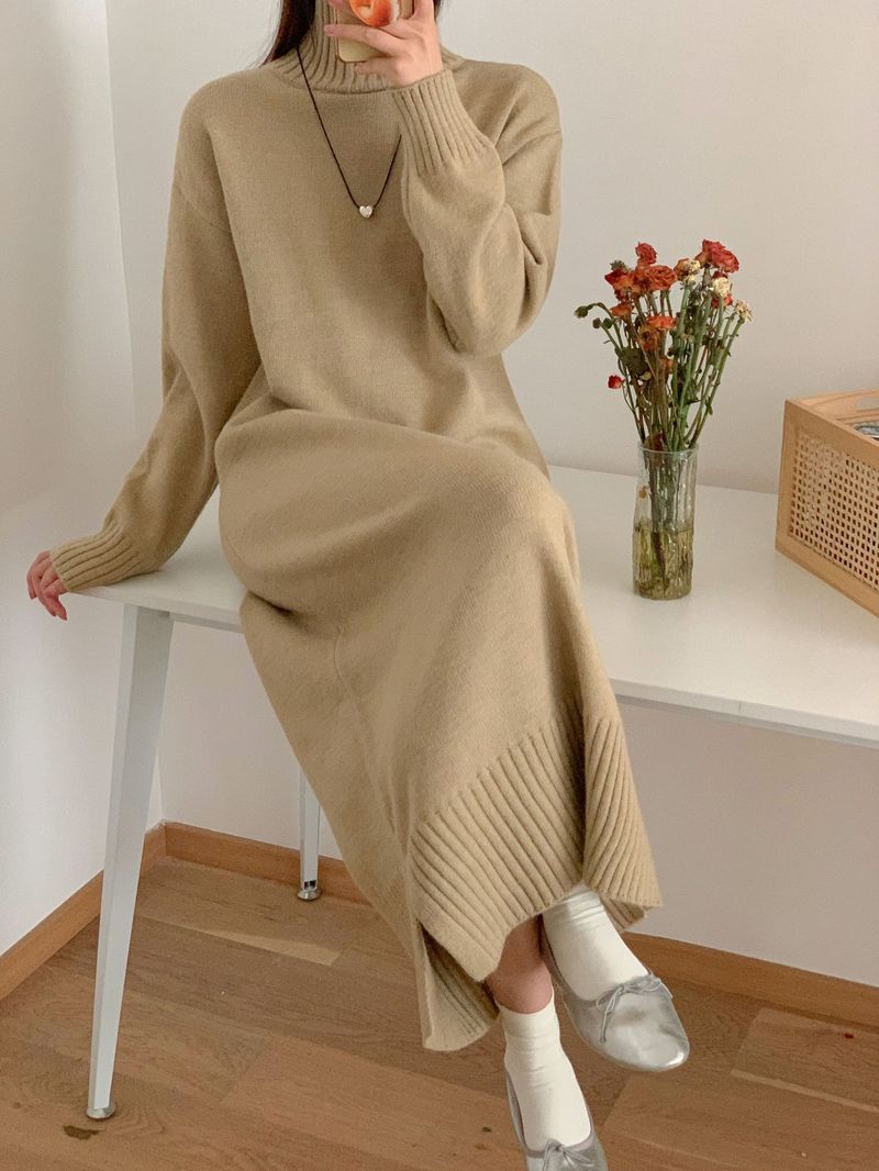 K Fashion Damen-Rollkragenpullover; locker sitzender langer Strickrock._voghion.com