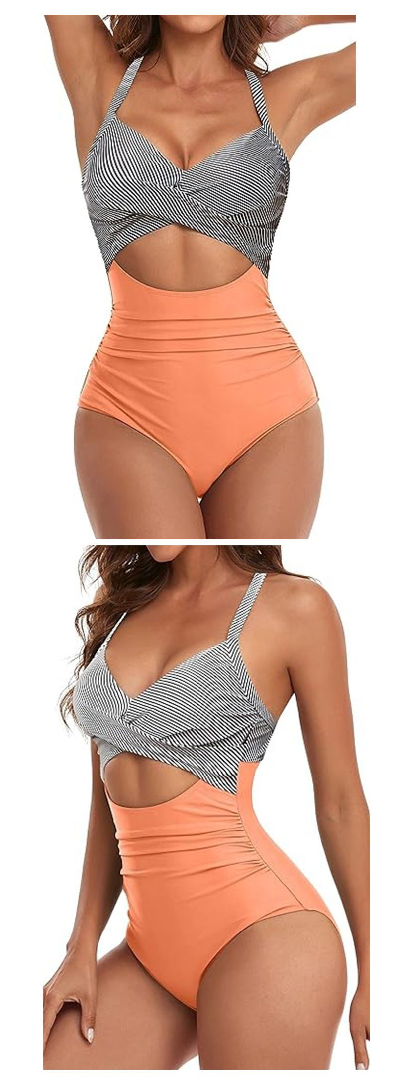 Maillot de bain une pièce pour femme, couleur unie, ajouré, taille haute, moulant_voghion.com