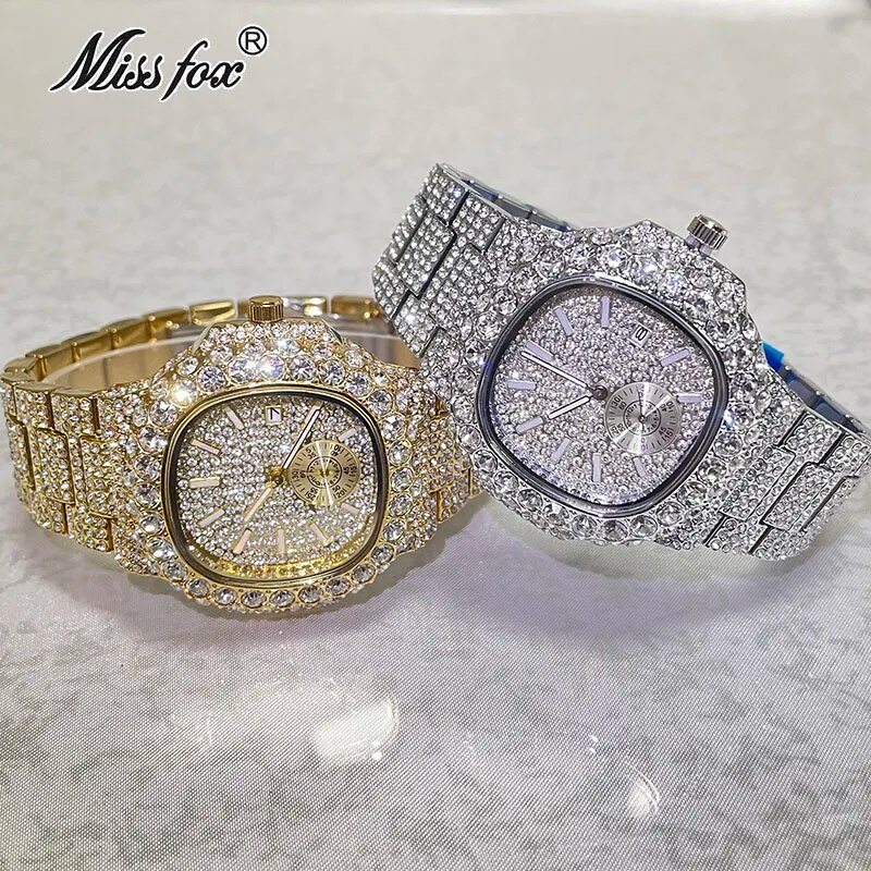 Hip Hop Marke MISSFOX Mode Iced Out Uhren Männer Voller Diamanten Gold Automatische Datum Uhr Stahl Wasserdichte Uhr Männlich_voghion.com
