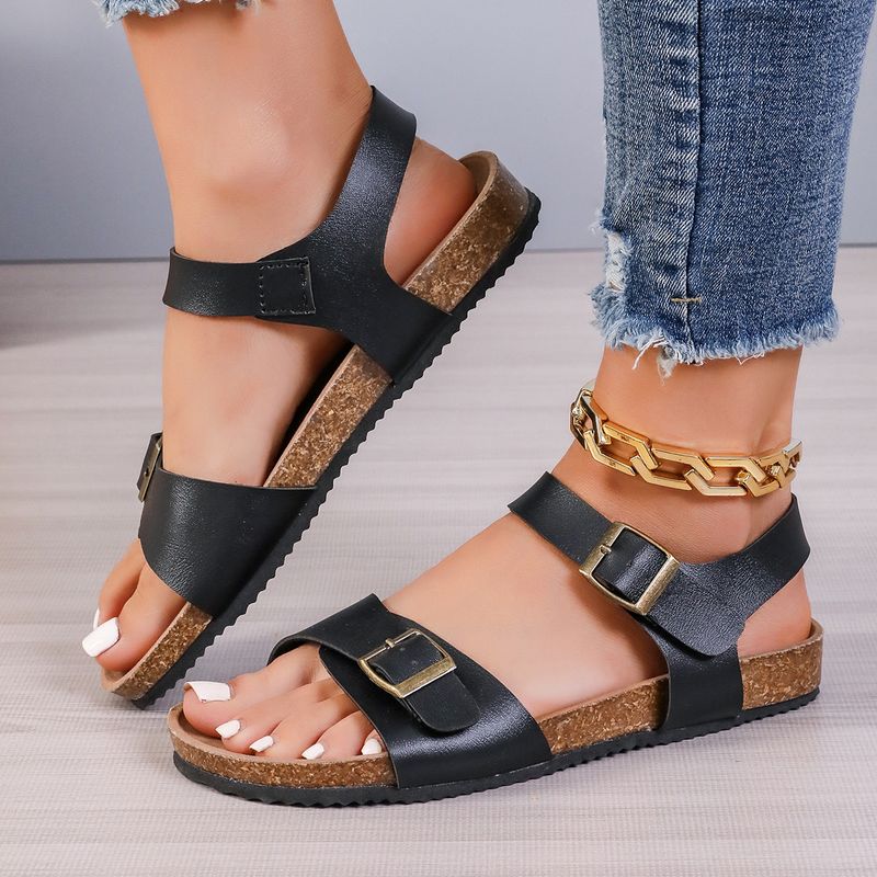 Hebilla de suela de corcho de tacón plano de verano para mujeres que usan zapatos de playa casuales, sandalias de punta abierta con doble botón_voghion.com