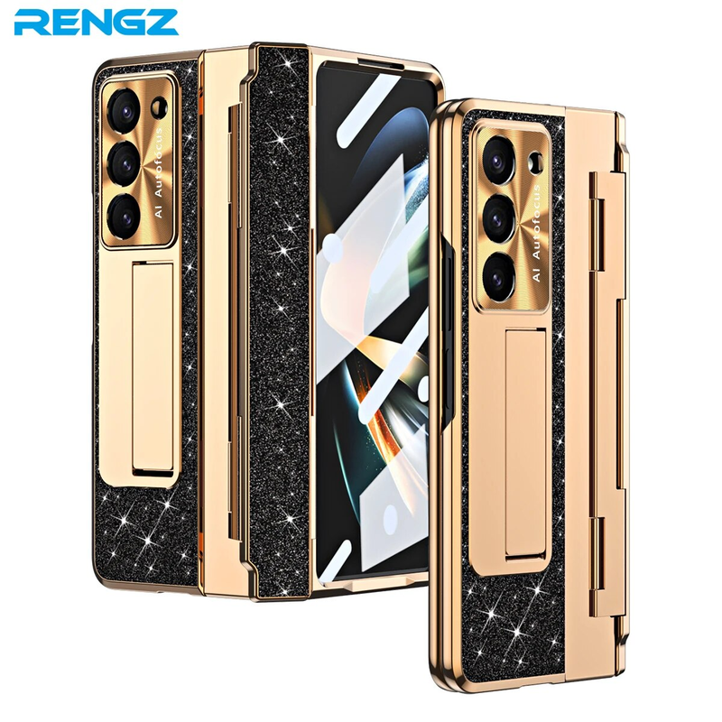 RENGZ Plating Leather Stand Hinge Protection Case Samsung Galaxy Fold 5 3 With Screen Protector Cover For Z Fold5_voghion.com