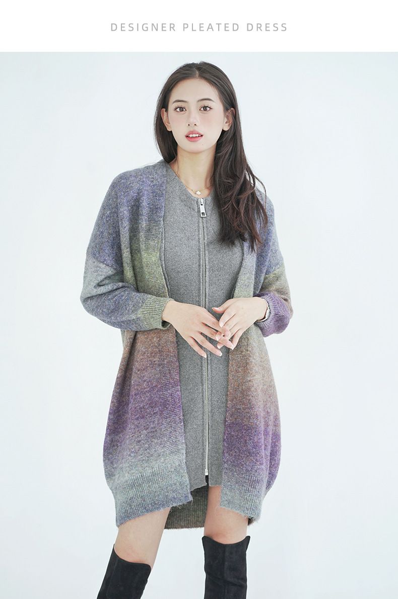 Autumn Winter Wool Knit Cardigan For Women Gradient Color Mid-Length Thickened Sweater Coat_voghion.com