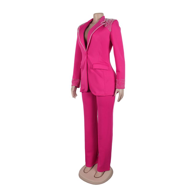 Traje de dos piezas ajustado de manga larga con perlas para mujer_voghion.com