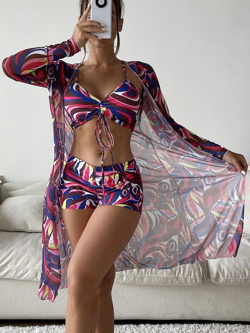 Women's Clothing New Bikini Three Piece Digital Printing Outerwear Flat Leg Pants Swimsuit Women_voghion.com