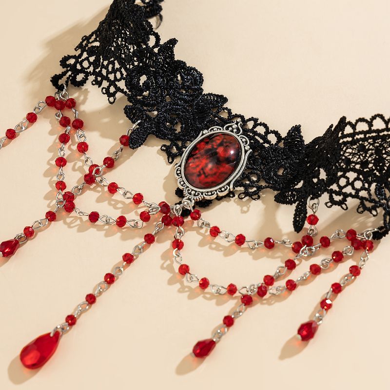 Gothic Style Pure Desire Lace Blood Drop Red Crystal Sexy Ring JK Tassel Leg Chain_voghion.com