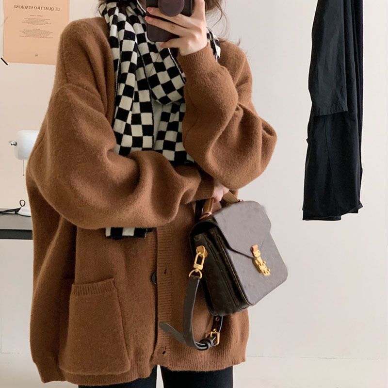 Lazy Style Graue Strickjacke Damen Herbst Neue Koreanische Version Lose Pullover Jacke Mittellanges Oberteil_voghion.com