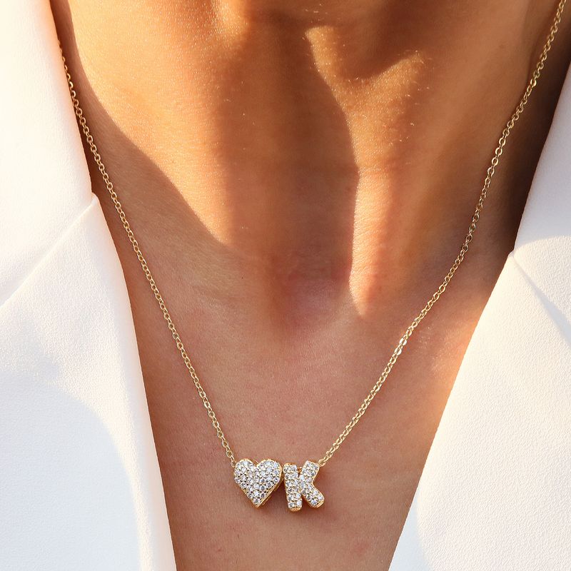 Women's Jewelry Inlaid Zirconium Balloon Bubble Love Heart Shape 26 English Letters Name Pendant Valentine's Day Necklace_voghion.com