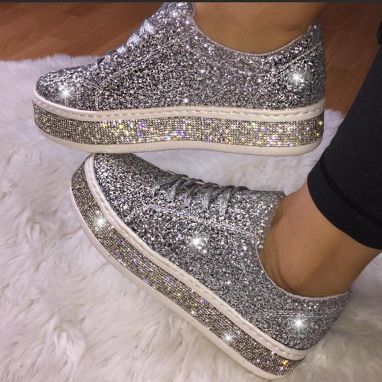 Large size single shoe rhinestone silver glossy lace up casual flat bottomed women's board shoes_voghion.com