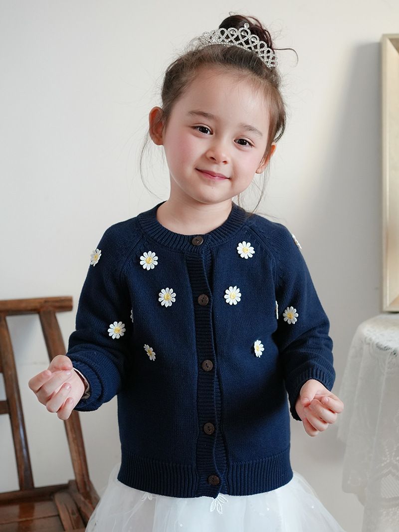 Mutter & Kinder – Handgefertigter bestickter Kinder-Cardigan aus weicher Baumwolle, Strickpullover für Mädchen (3–8 Jahre) – Rundhalsausschnitt, lange Ärmel, Blumenmuster_voghion.com