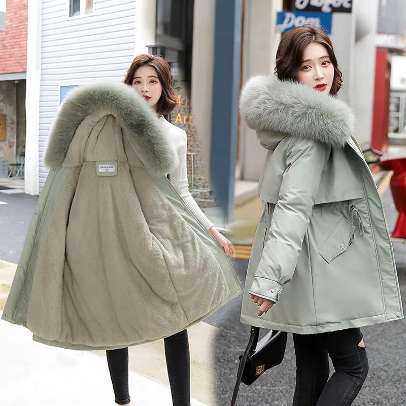 Parka con capucha para mujer, abrigo largo a la moda con forro de lana, Parkas ajustadas con Cuello de piel, ropa cálida para la nieve acolchada, novedad de 2023_voghion.com