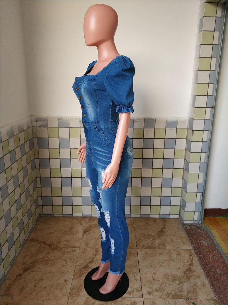 Sieviešu modes ikdienas seksīgs džinsa romperis ar baltu caurumu_voghion.com