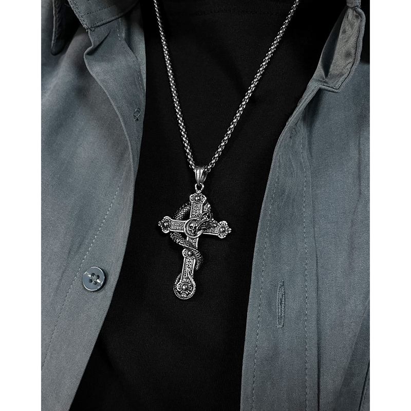 Punk Caveira Cruz Colar Dragão Titânio Pingente_voghion.com