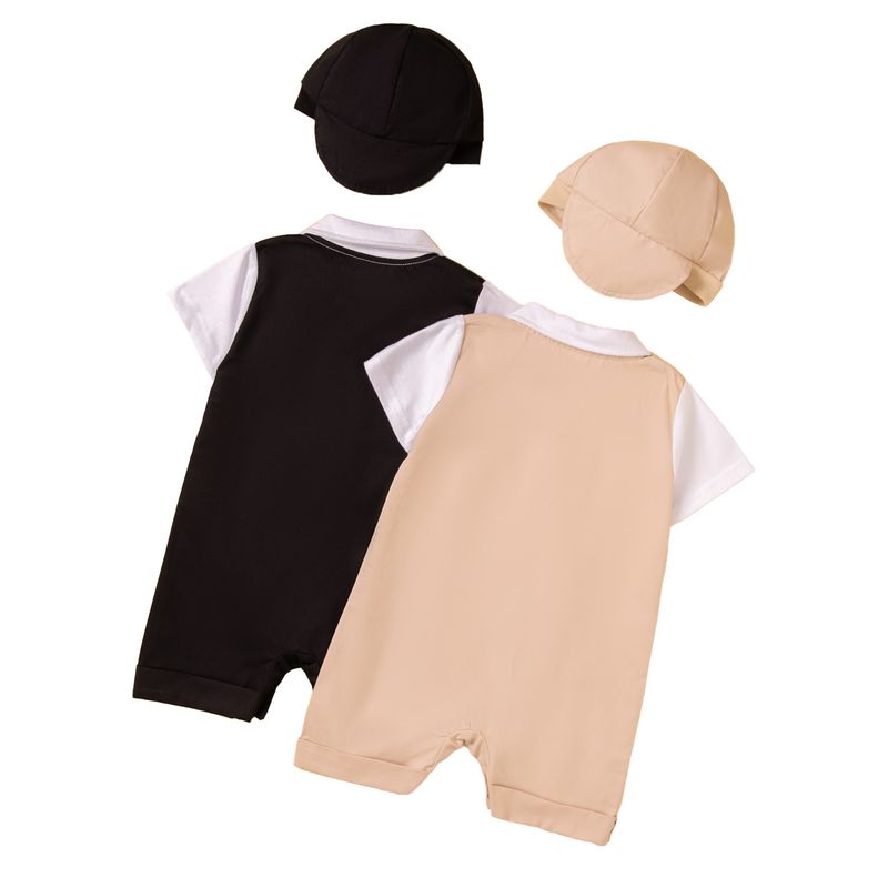 SAMGAMI BABY Ensemble trois pièces pour garçon, version coréenne, barboteuse à manches courtes, gilet et chapeau, blanc, nœud papillon, bretelles_voghion.com
