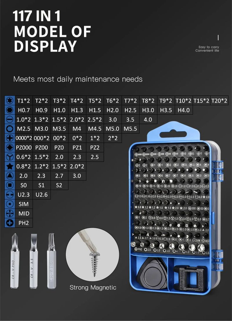 Jeu de tournevis de précision 115/117 en 1, embouts de tournevis hexagonaux magnétiques Torx, kit d'outils de réparation professionnels pour iPhone Xiaomi Mac PC_voghion.com