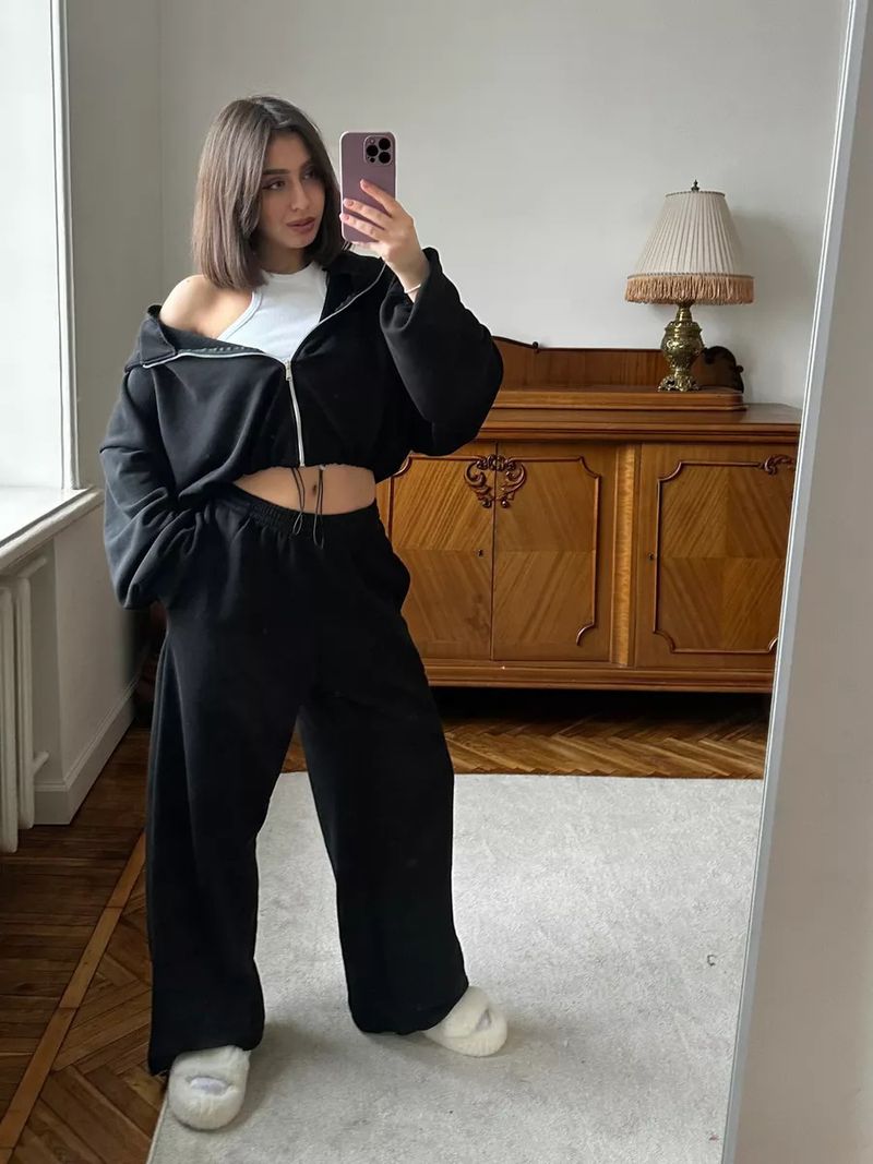 Women's Casual Solid Color Long Sleeve Zipper Cardigan Drawstring Hoodie Sweatshirt Elastic Pants Two-Piece Set_voghion.com