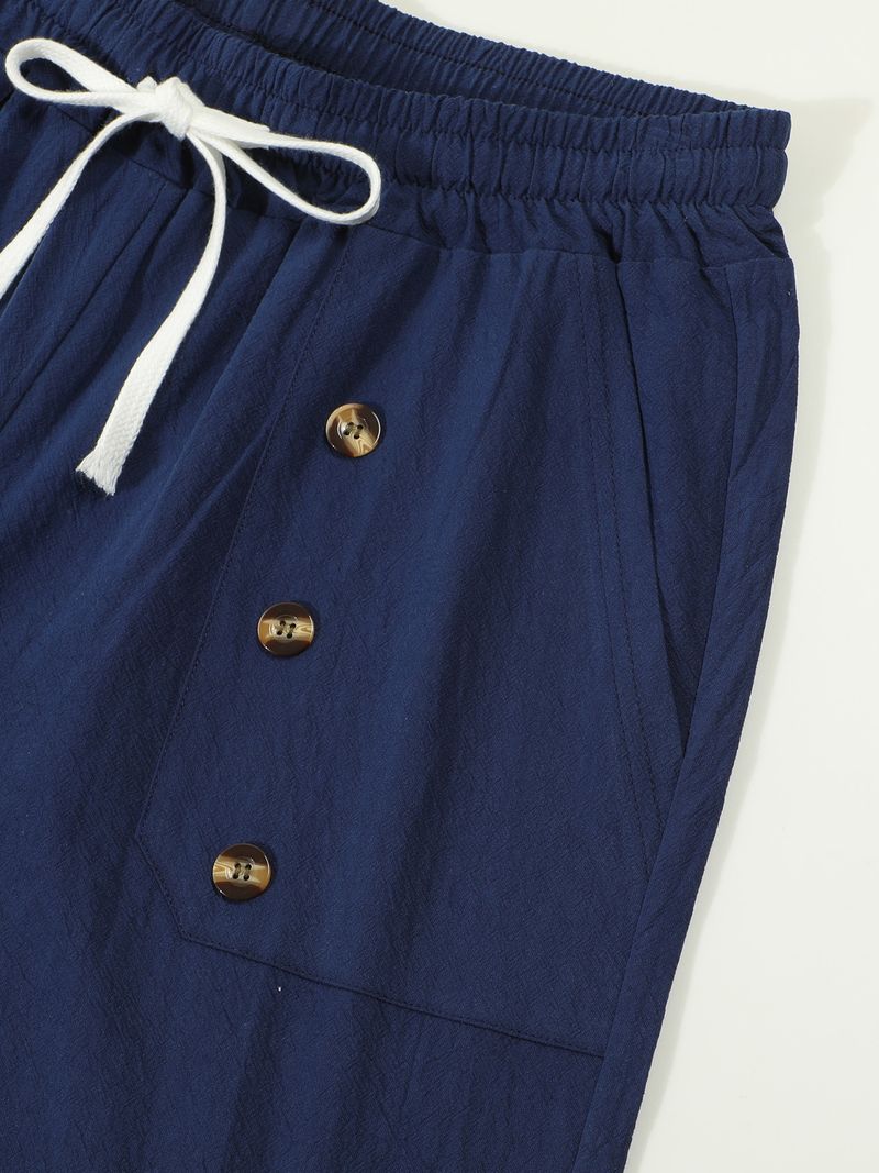 Pantaloncini estivi da uomo in cotone e lino, casual americani, larghi e dritti, con bottoni_voghion.com