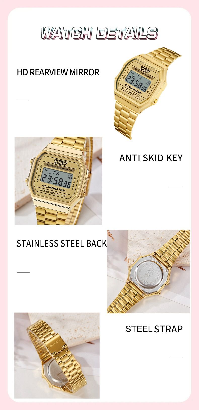 Women's Gold Stainless Steel Strap Electronic Alarm Clock Calendar Week Waterproof Watch_voghion.com