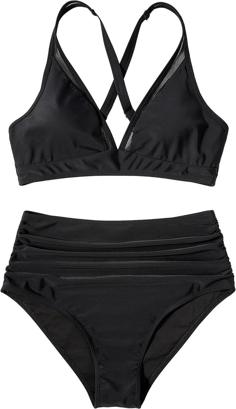 2024 Neuer Bikini mit hoher Taille und Netzstoff, sexy, offener Rücken, plissierter Badeanzug_voghion.com