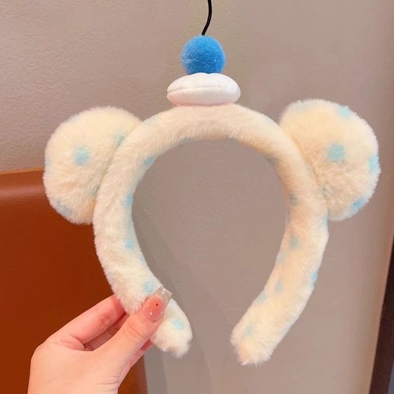 Cute Blue Polka Dot Plush Bear Earring Headband For Women, Face Wash, Face Mask, Photography Props, Accessories, Hair Clips_voghion.com