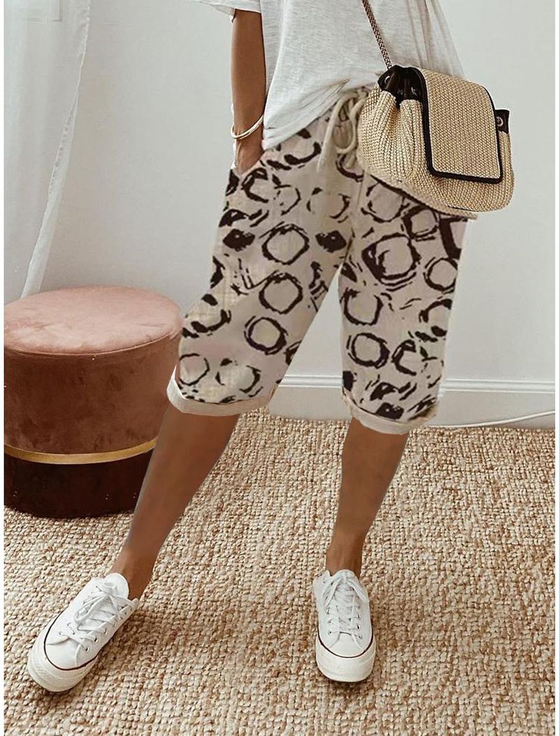 Women's cotton and linen pocket elastic casual pants women's pants quarter pants_voghion.com