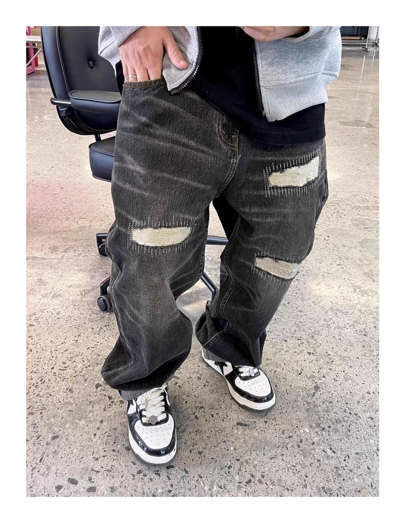 Underground Riot Jeans – Denim nero invecchiato con tagli di rasoio e toppe fai da te (M-3XL, lavaggio carbone)_voghion.com