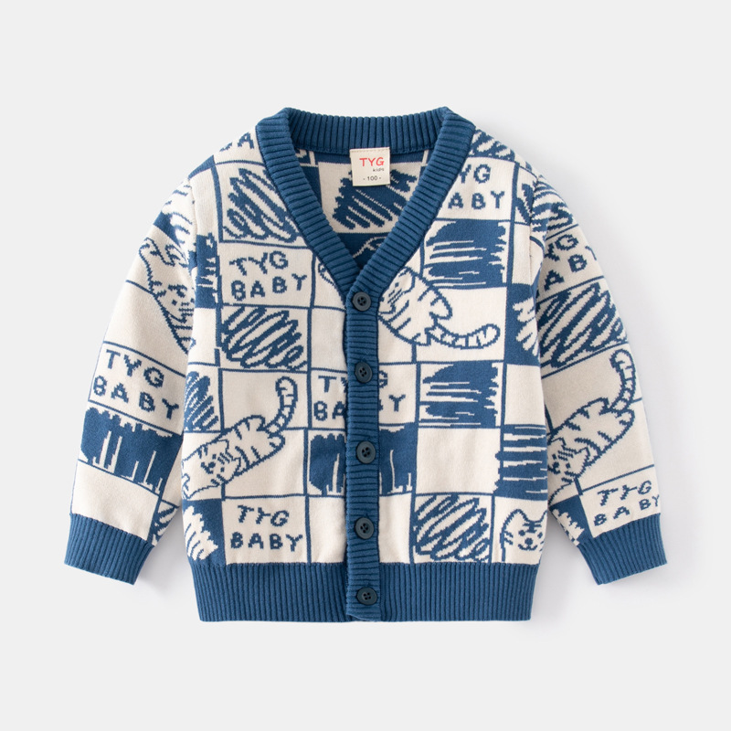 2024 Autumn New Children's Clothing Boys' Double layer Cotton Knitted Coat Baby Cartoon Cat Sweater Cardigan_voghion.com