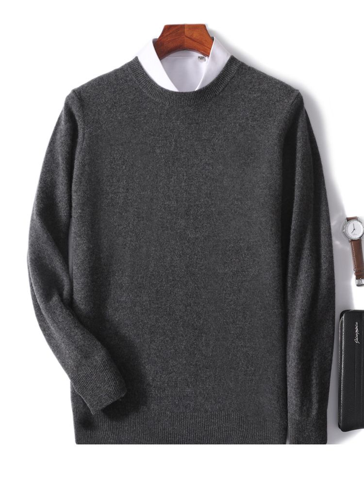 Neue Herbst- und Winter-Herren-Rundhalspullover aus Wolle in Volltonfarbe mit lockerer Kaschmir-Strickbasis für Jugendliche_voghion.com