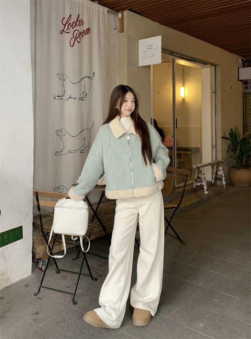 2025 Winter Koreanischen Stil High-End Hellblau Revers Kurzen Lamm Wolle Mantel Für Frauen, Schaffell Integrierte Jacke Top_voghion.com