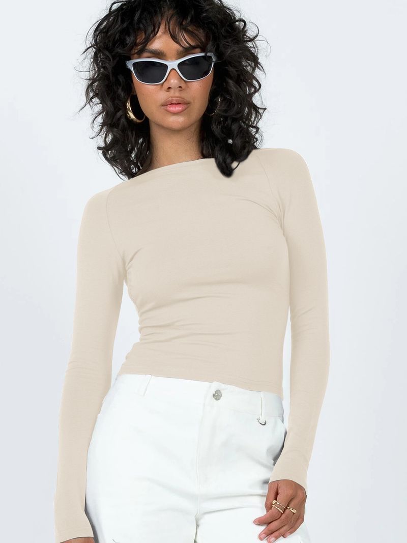 T-shirt a maniche lunghe da donna Camicia a maniche lunghe in nylon traspirante Camicia con fondo aderente Top aperto sul retro da donna_voghion.com