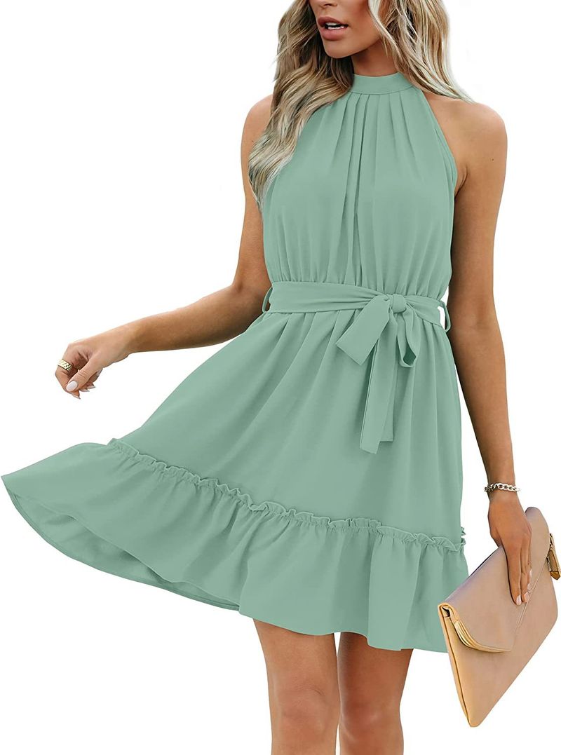 2023 Frühling und Sommer, A-Linien-Rock, Neckholder, florales Schnür-Tunika-Kleid mit offenem Rücken_voghion.com