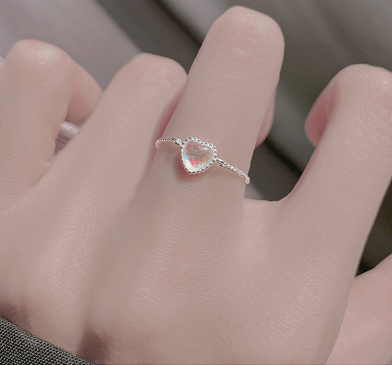 Sterling Sier VENUS Fashion Heart-shaped Moonstone Ring Female Pull-type Naked Chain Index Finger Ring Sim_voghion.com