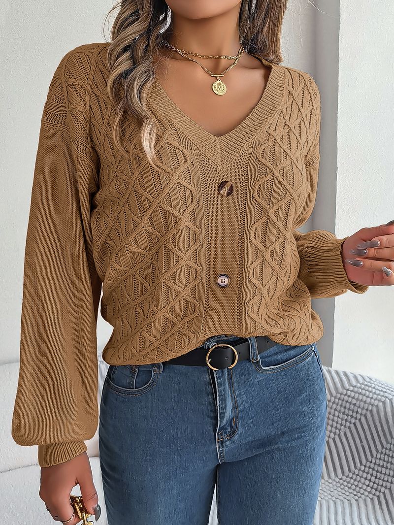 Maglione pullover con maniche a lanterna intrecciate e bottoni casual stile autunno inverno per donna_voghion.com