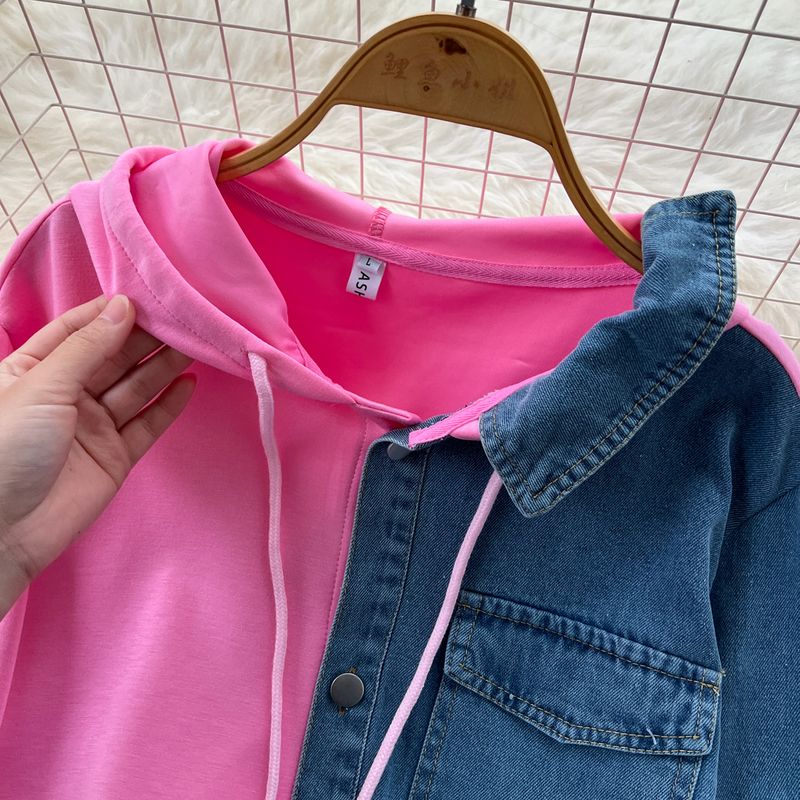 Casual Suit For Women Fashionable Design Splicing Hooded Sweatshirt High Waist Denim Splicing Wide Leg Pants Two Piece Set_voghion.com