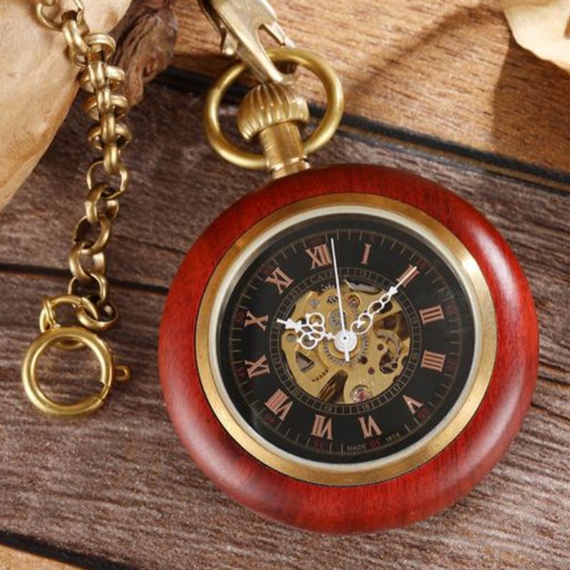 New Red Copper Roman Scale Wood Grain Straight Board Without Cover Manual Mechanical Pocket Watch_voghion.com