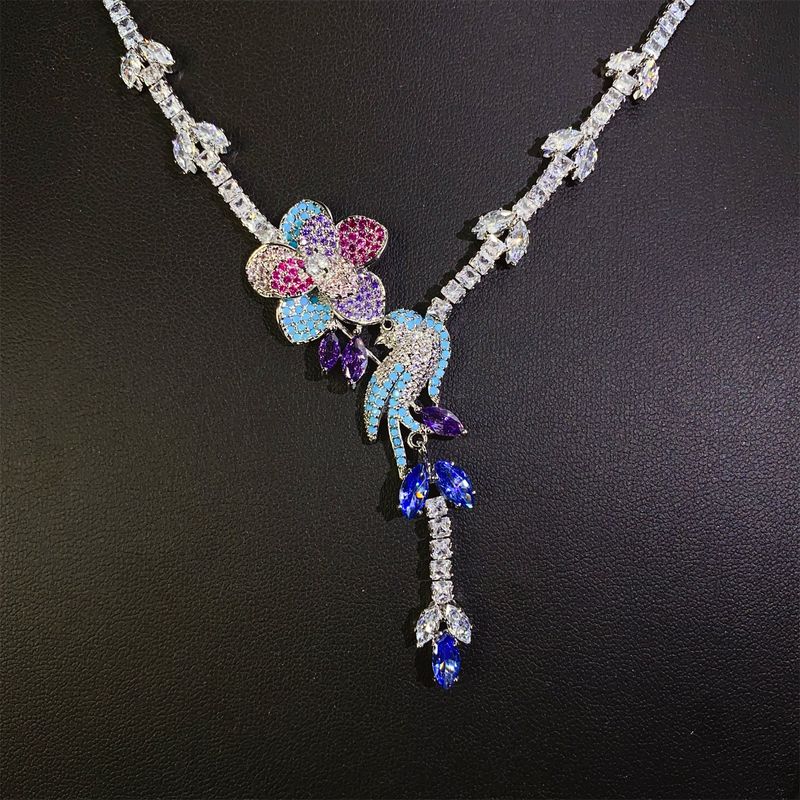 Vogel Song Blume Duft Koreanische Ausgabe Neue Freizeit Bankett 3A Zirkon quaste Anhänger frauen Halskette Ohrring Set_voghion.com