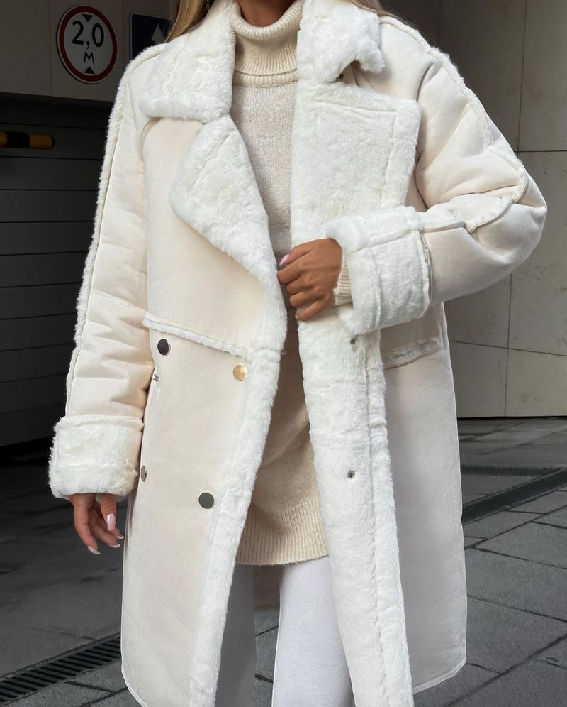Damen-Strickjacke aus Wildleder mit Anzugkragen und langen Ärmeln und Plüschmantel_voghion.com