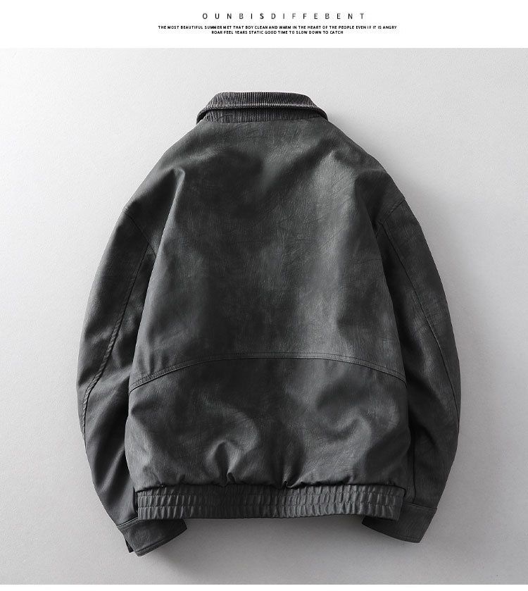 Men's Vintage PU Leather Bomber Jacket – American Retro Faux Two-Piece Fleece-Lined Coat With Zip Front & Side Pockets_voghion.com