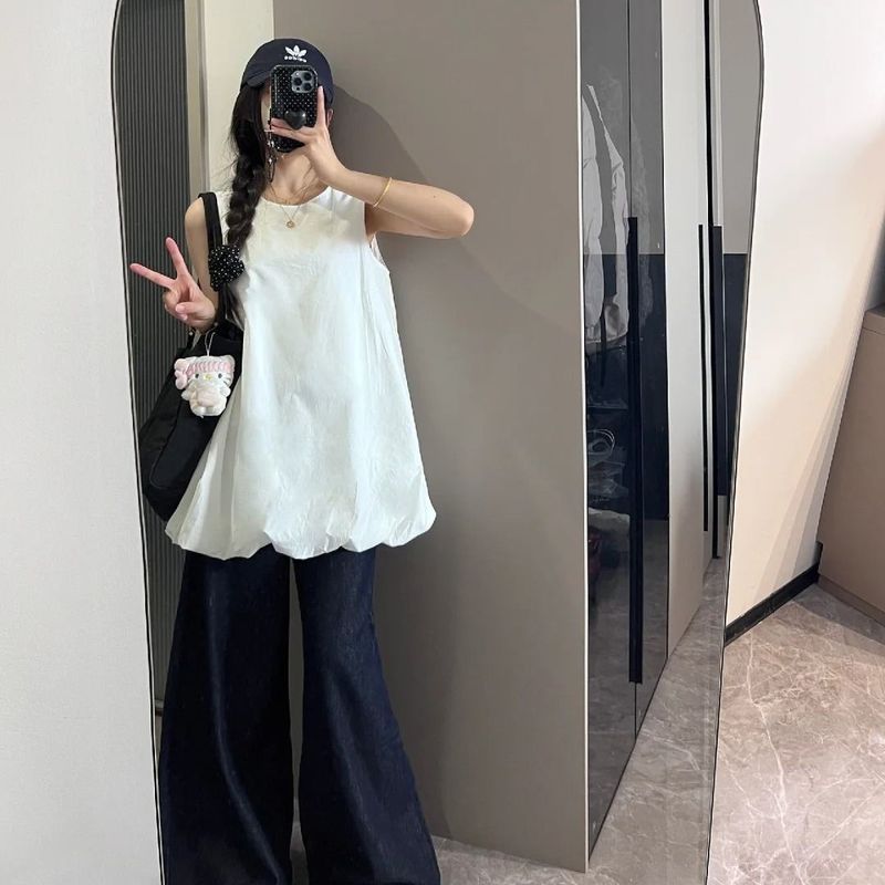 Gilet con maniche a lanterna in tinta unita per donna, nuovo abito senza maniche versatile a trapezio e snellente, alla moda estiva 2025_voghion.com