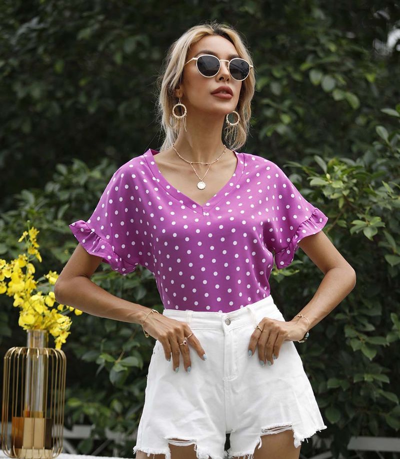 Maglietta estiva da donna a maniche corte con scollo a V e pois_voghion.com