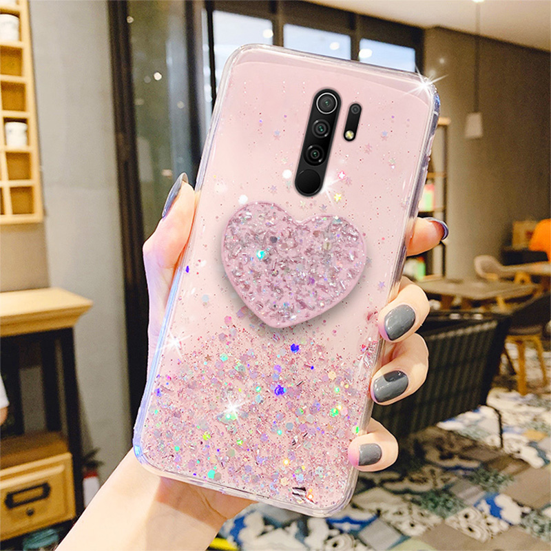 Glitter Heart Holder Case For Xiaomi Redmi 9 Cases Bling Star Soft Cover for Xiaomi Redmi 9A 9c Redmi9 Phone Covers Bump_voghion.com