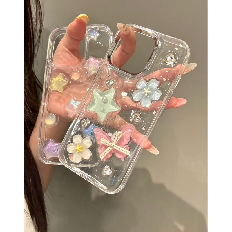 TechGlobe Spring Ins Liquid Fine Glitter Stars Flowers Compatible With IPhone 16 Pro Max 15 Phone Case 14_voghion.com
