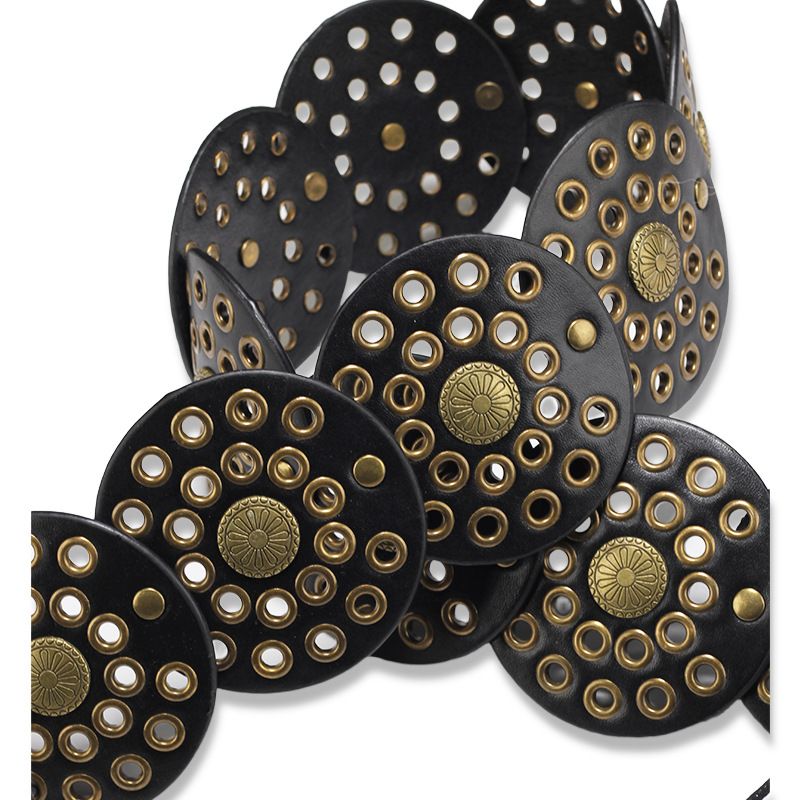 Studded Round Disc Rope Tie Knot Ethnic Style Women Bohemian Waist Ring Elastic Belt For Ladies_voghion.com