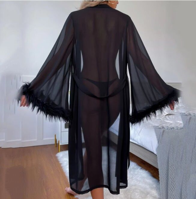 Pijama de seda con plumas para mujer, manga larga, tirantes cómodos, ropa de casa_voghion.com