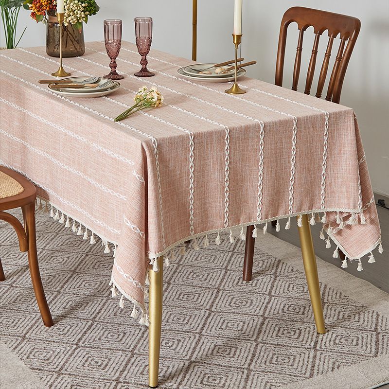 Nappe à pompons rustique marron - Housse de table rectangulaire en lin et coton mélangés de style ferme pour salle à manger/table basse_voghion.com