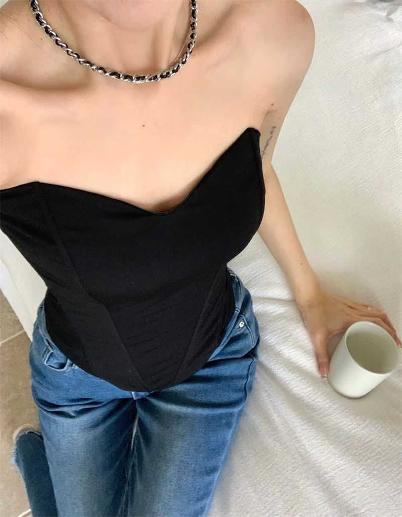 Würzige sexy Fischgrätenweste für Damen, Sommer, schwarz, elegant, trägerlos, kurzes Top für Innen- und Außenbekleidung_voghion.com