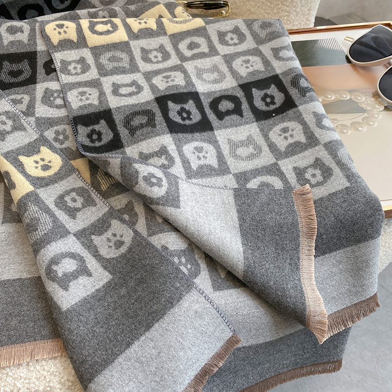Sciarpa calda in cashmere alla moda coreana per le donne in inverno, sciarpa carina con gatto studentesco a doppia faccia,_voghion.com