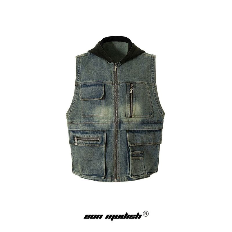 Eon Modish 2025 Autumn New American Street Style Functional Multi-Pocket Hooded Denim Vest Jacket_voghion.com